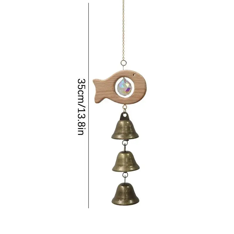 Wooden Fish & Bird Wind Chime – Crystal & Brass Bell Décor