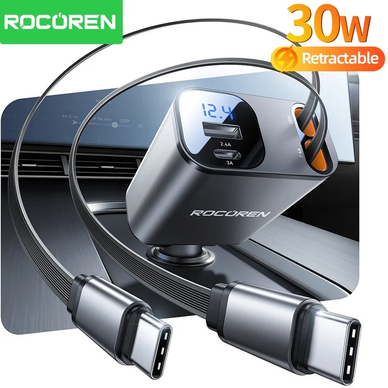 Rocoren 4-in-1 PD 30W Car Charger – Digital Display & Retractable