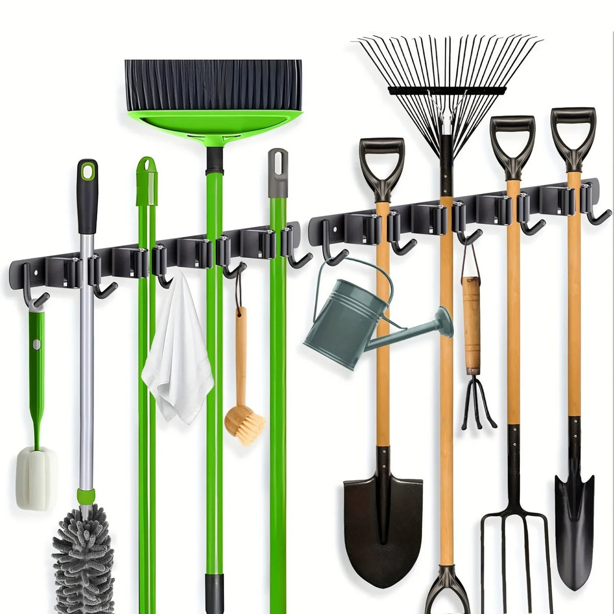 Wall Mounted Broom & Mop Rack – 4 Slots 5 Hooks Steel