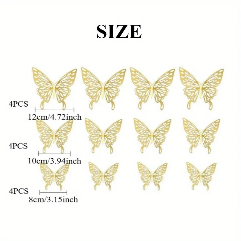 12Pcs 3D Hollow Butterfly Wall Stickers Gold Silver Decals