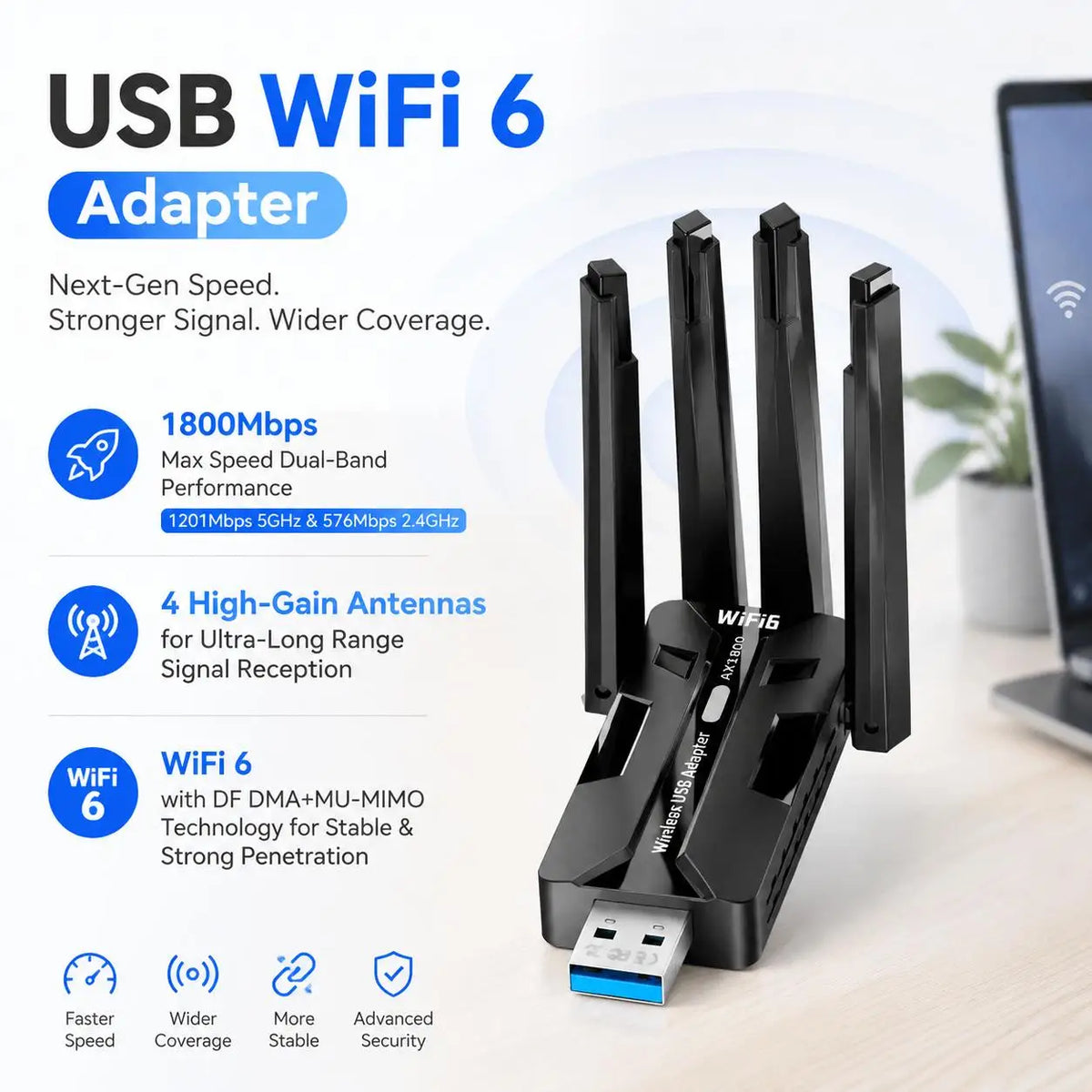 STONEGO WiFi 6 USB 3.0 Adapter 1800Mbps Dual Band 4 Antennas