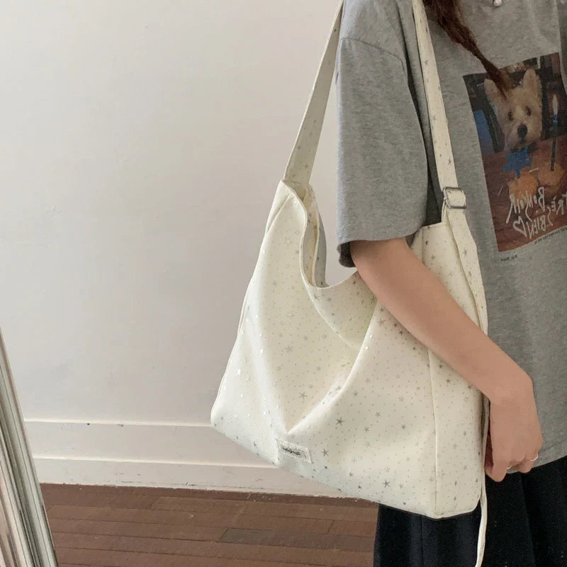 Korean Minimalist Star Canvas Tote Bag – Large Shoulder Bag