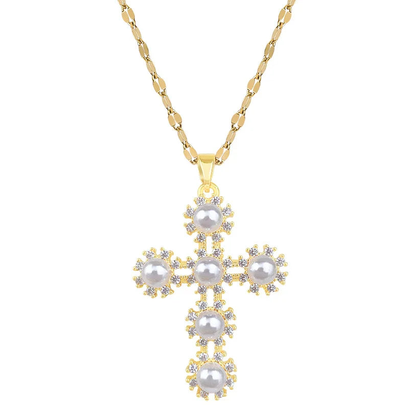 Women's Gold Cross Pendant Necklace – Zircon & Stainless Steel