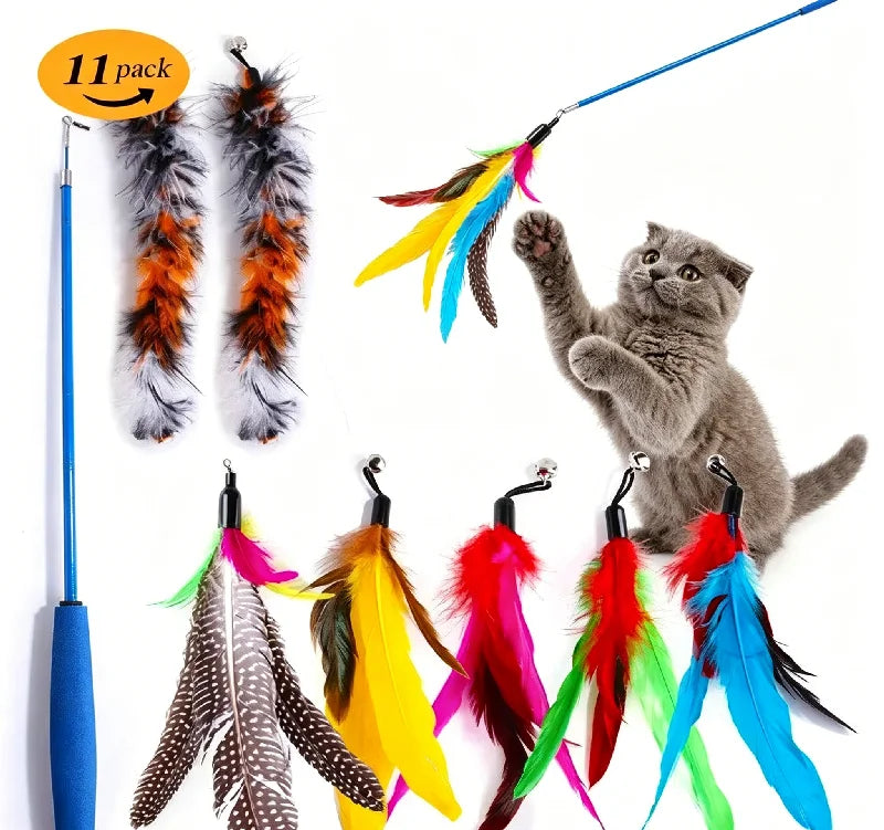 11-Pc Retractable Cat Feather Wand Toy Set with Refills