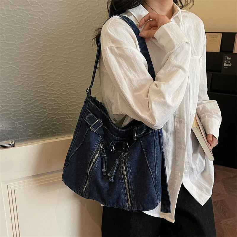 Vintage Denim Tote Bag – Large Crossbody Shoulder Bag