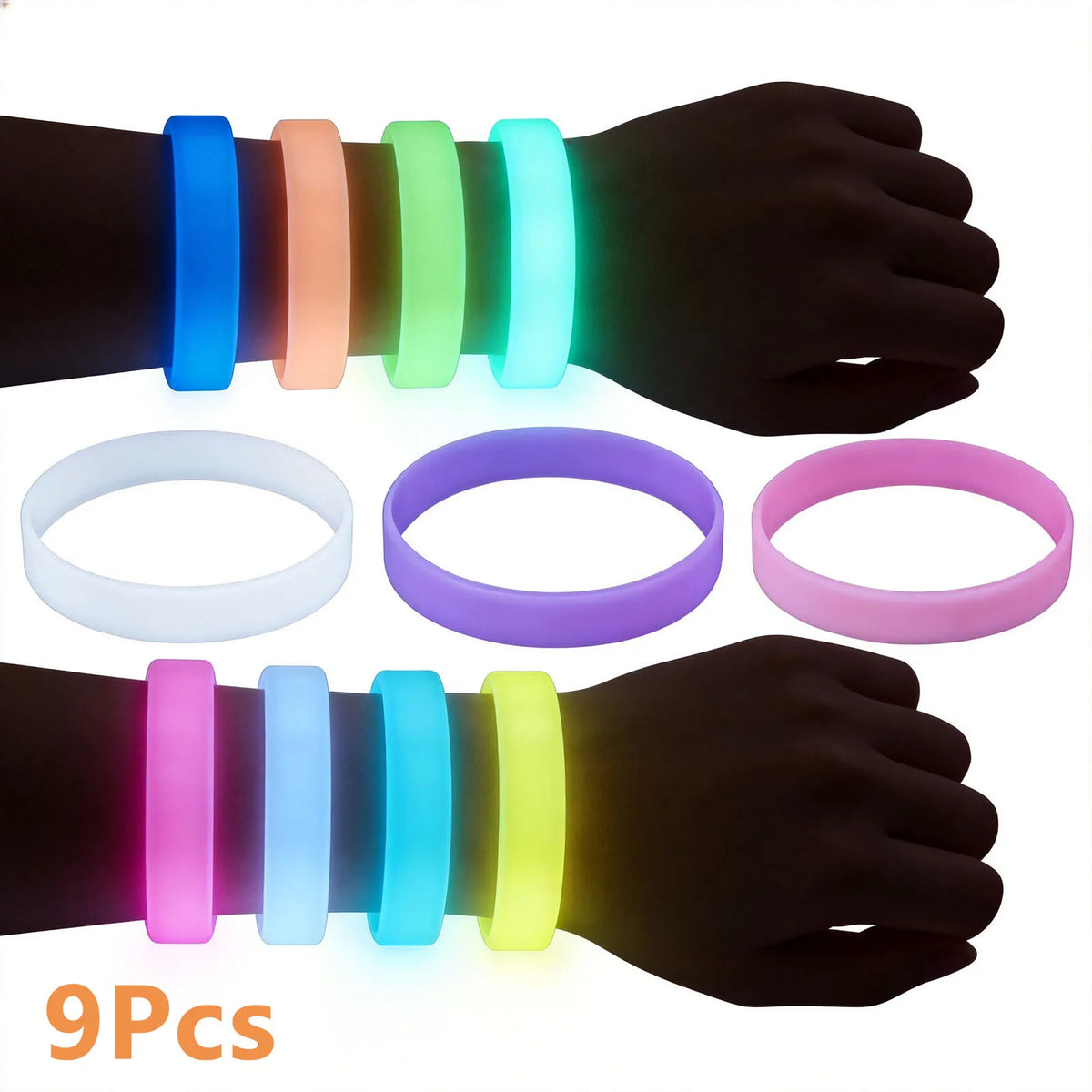 9-Pack Glow in the Dark Silicone Sport Bracelets Unisex