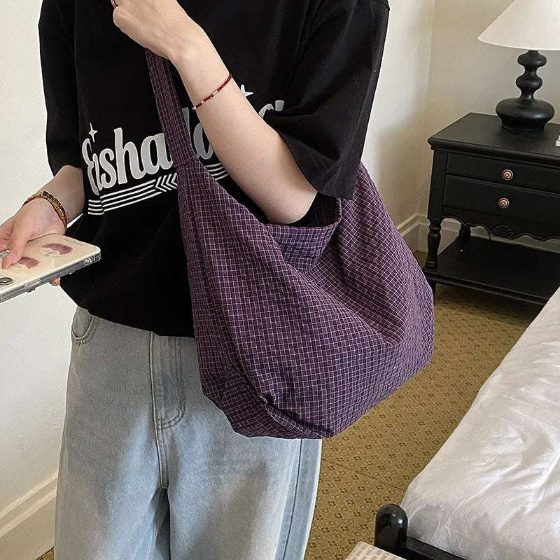Women's Plaid Canvas Tote Bag – Korean Style Crossbody