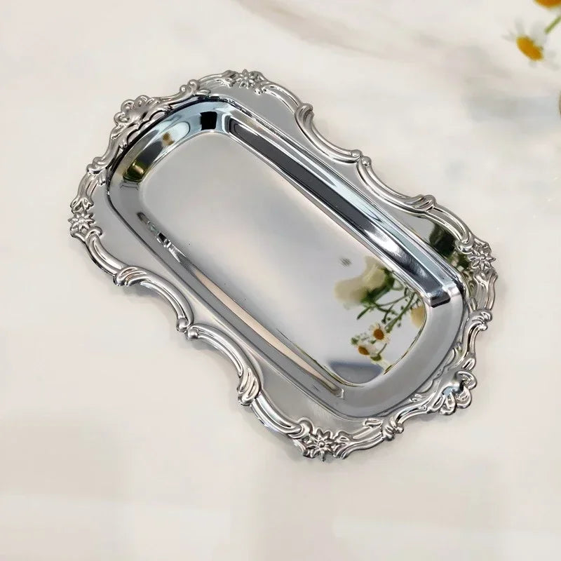 Vintage Embossed Metal Serving Tray – Dessert & Jewelry Organizer