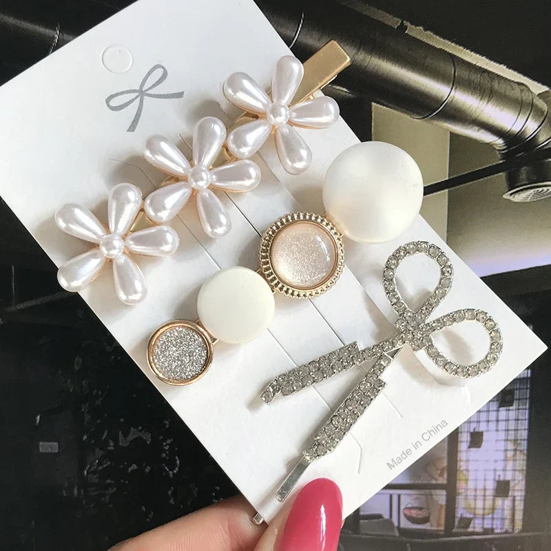 Pearl Crystal Hair Clips Set – Korean Geometric Barrettes