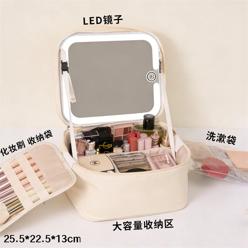 LED Lighted Makeup Bag with Mirror – Large PU Leather Organizer