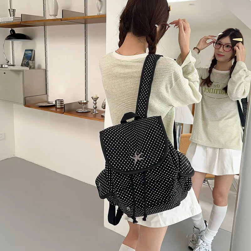 Korean Starfish Embroidered Polka Dot Canvas Backpack
