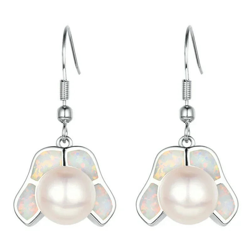 White Pearl Simulated Opal Silver Dangle Drop Earrings
