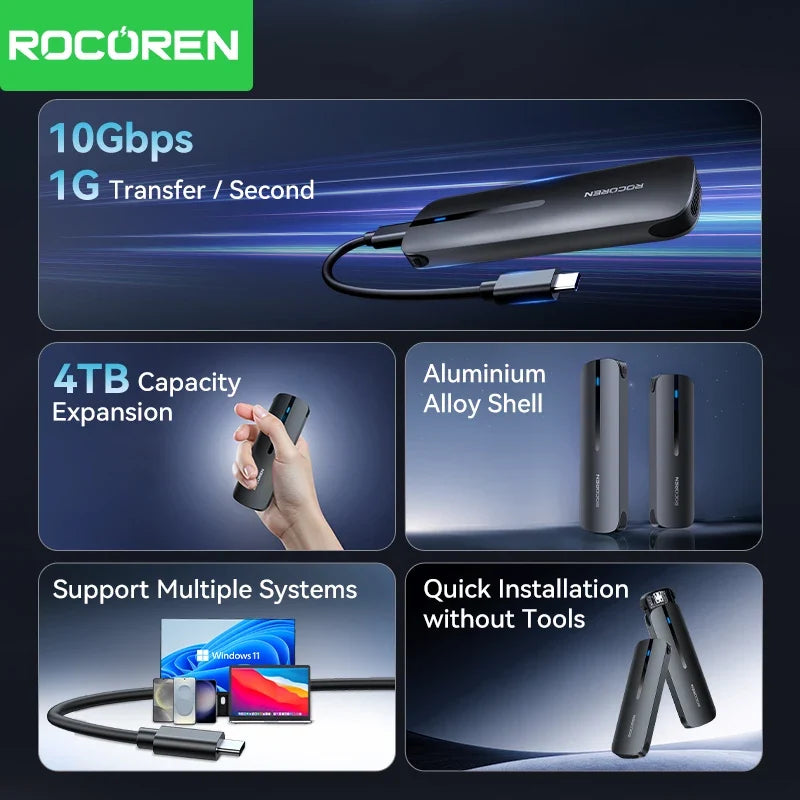 Rocoren M.2 NVMe SSD Enclosure 10Gbps USB 3.1 Gen2 USB-C