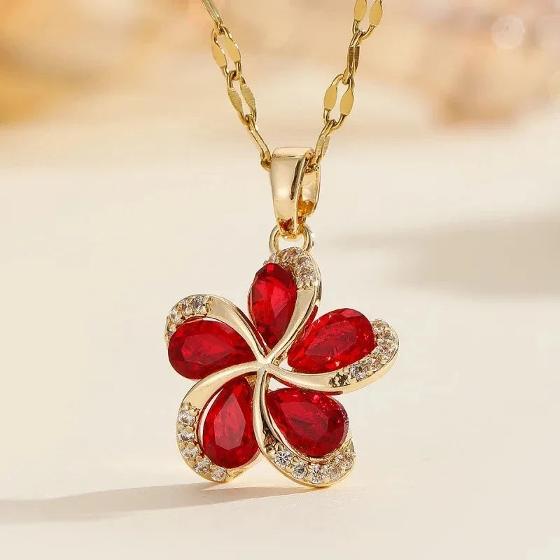 Women's Gold Flower Pendant Necklace – Zircon & Stainless Steel