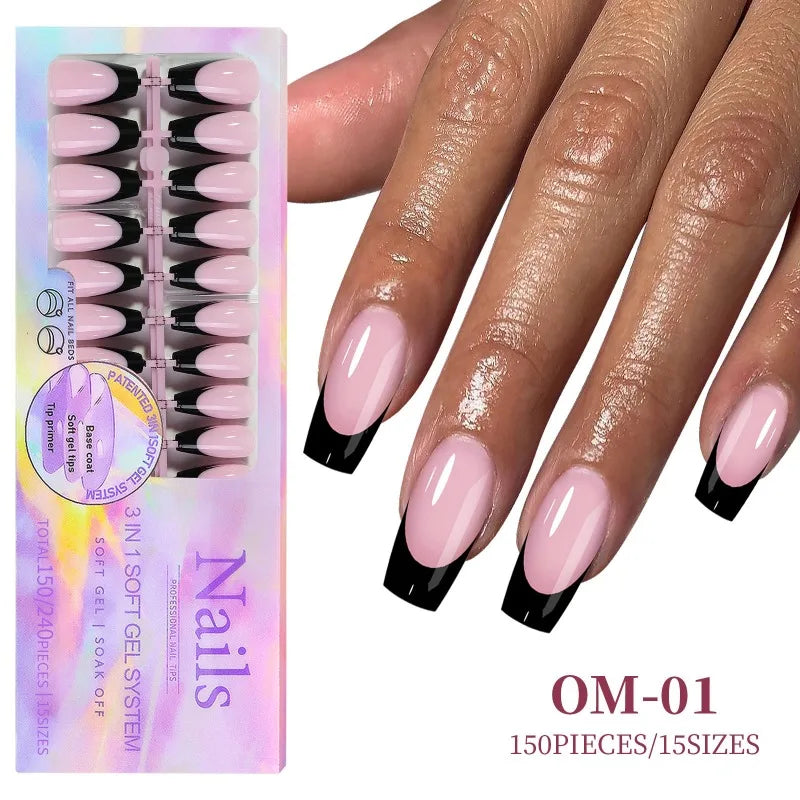 Black Pink French Tip Press On Nails with Rhinestones 24pcs