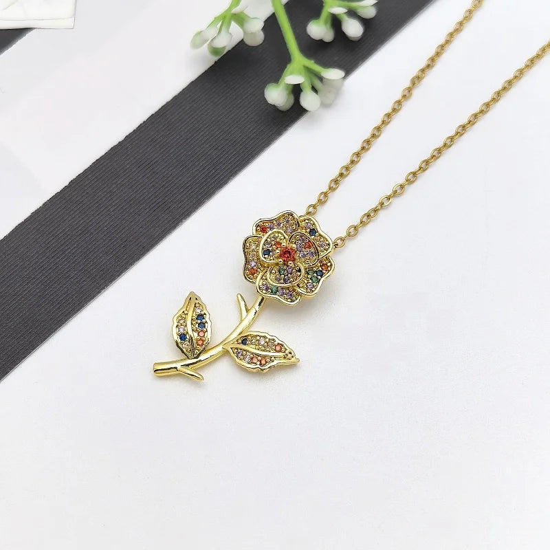 Zircon Flower Pendant Necklace | Gold Stainless Steel | Nixie