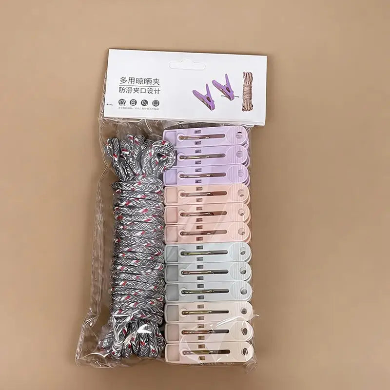 12-Clip Colorful Windproof Clothesline Set – Nylon Drying Clips