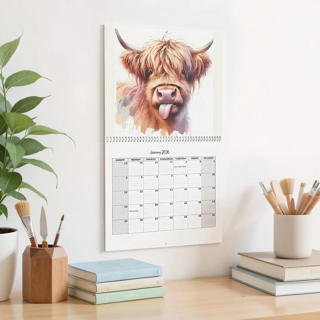 2026 Highland Cow Wall Calendar | Farmhouse Monthly Planner
