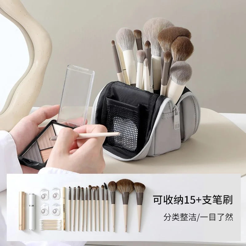 Foldable Standing Makeup Brush Case | Elastic Bands & Mesh Pocket