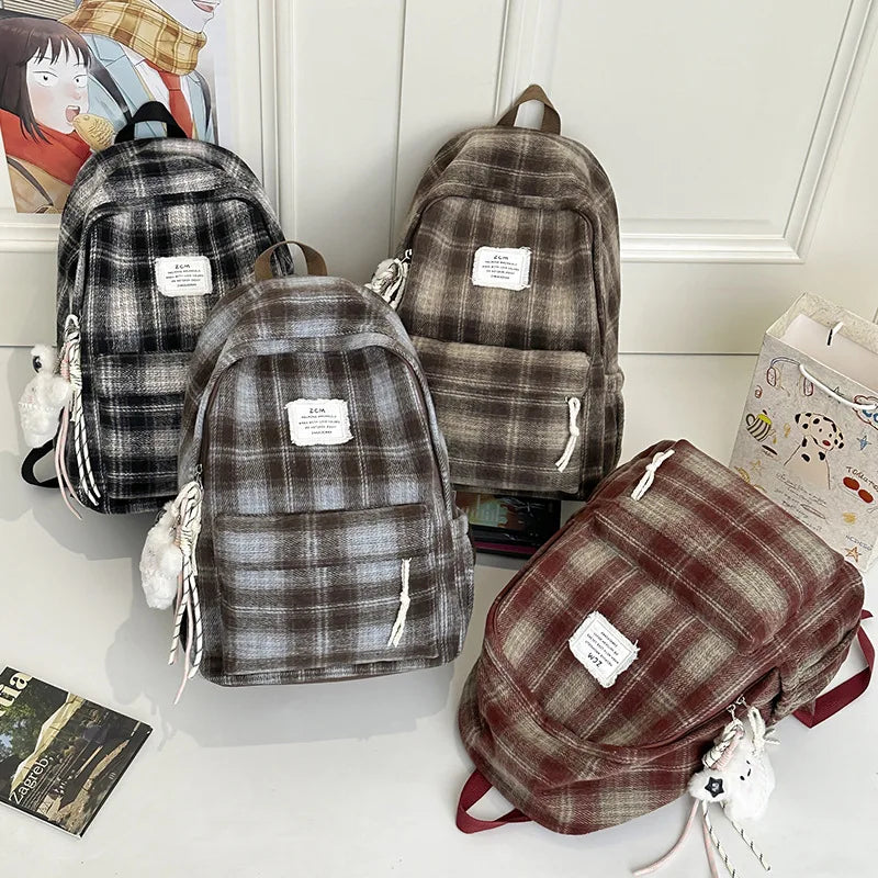 Korean Style Plaid Woolen Backpack – Vintage Large Capacity