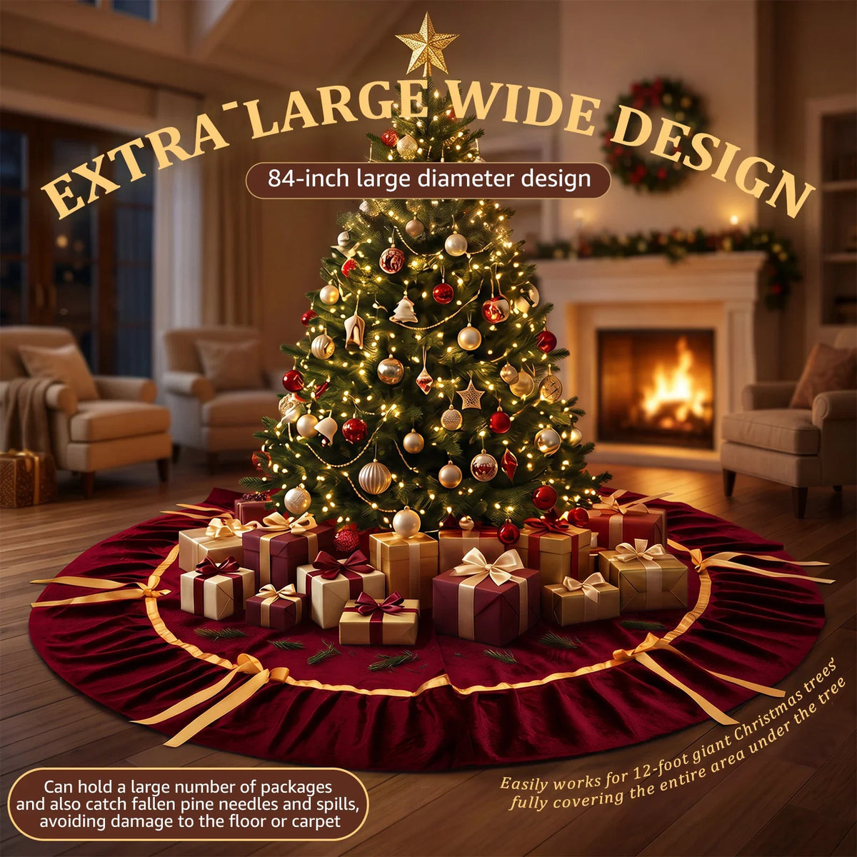 Large 84" Ruffled Velvet Christmas Tree Skirt – Indoor & Outdoor