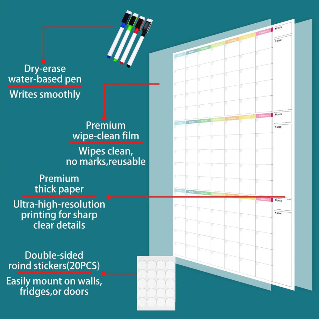 3-Month Dry Erase Wall Calendar – Reusable Undated Planner