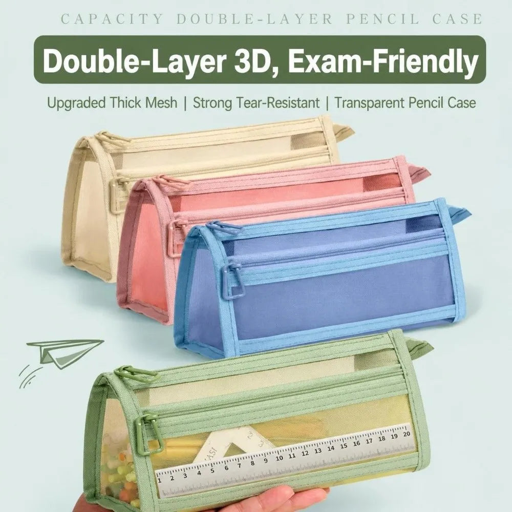 Transparent Mesh Pencil Case – Double Layer Large Capacity