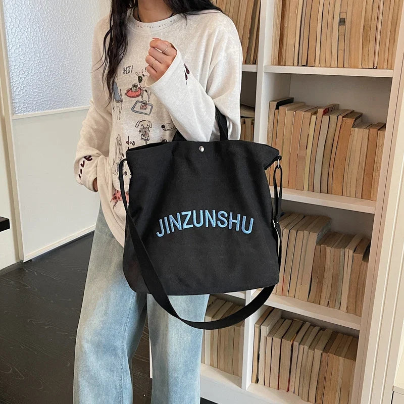 Women's Canvas Tote Bag Letter Embroidery Large Shoulder Bag