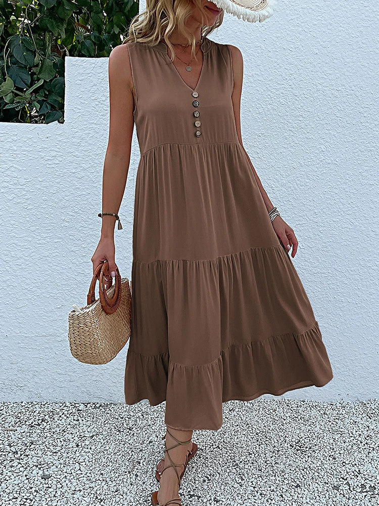 Women's Sleeveless V-Neck Ruffle Midi Sundress | SAILASIDIYA