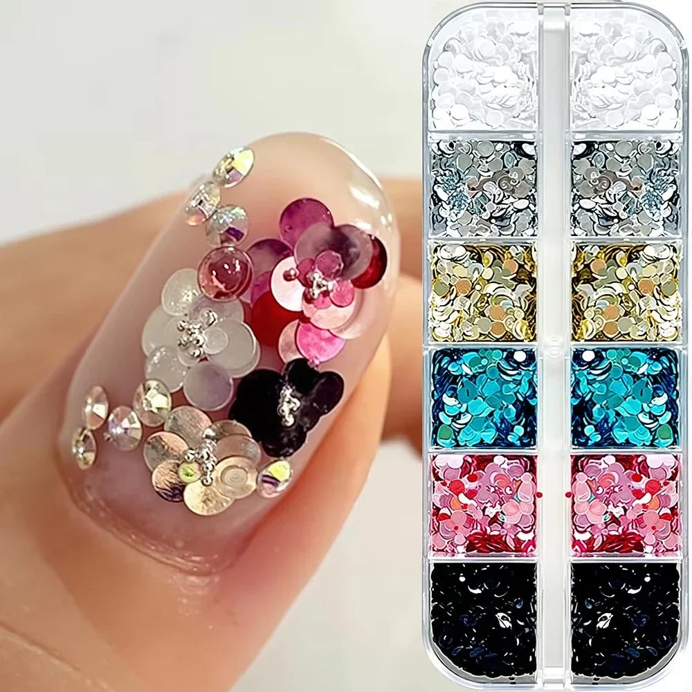 3D Flower Nail Glitter Sequins 12 Grids – Retro Nail Art Charms