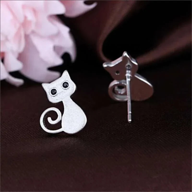 2Pcs Cute Cat Ear Stud Earrings – Silver-Plated Fashion Jewelry
