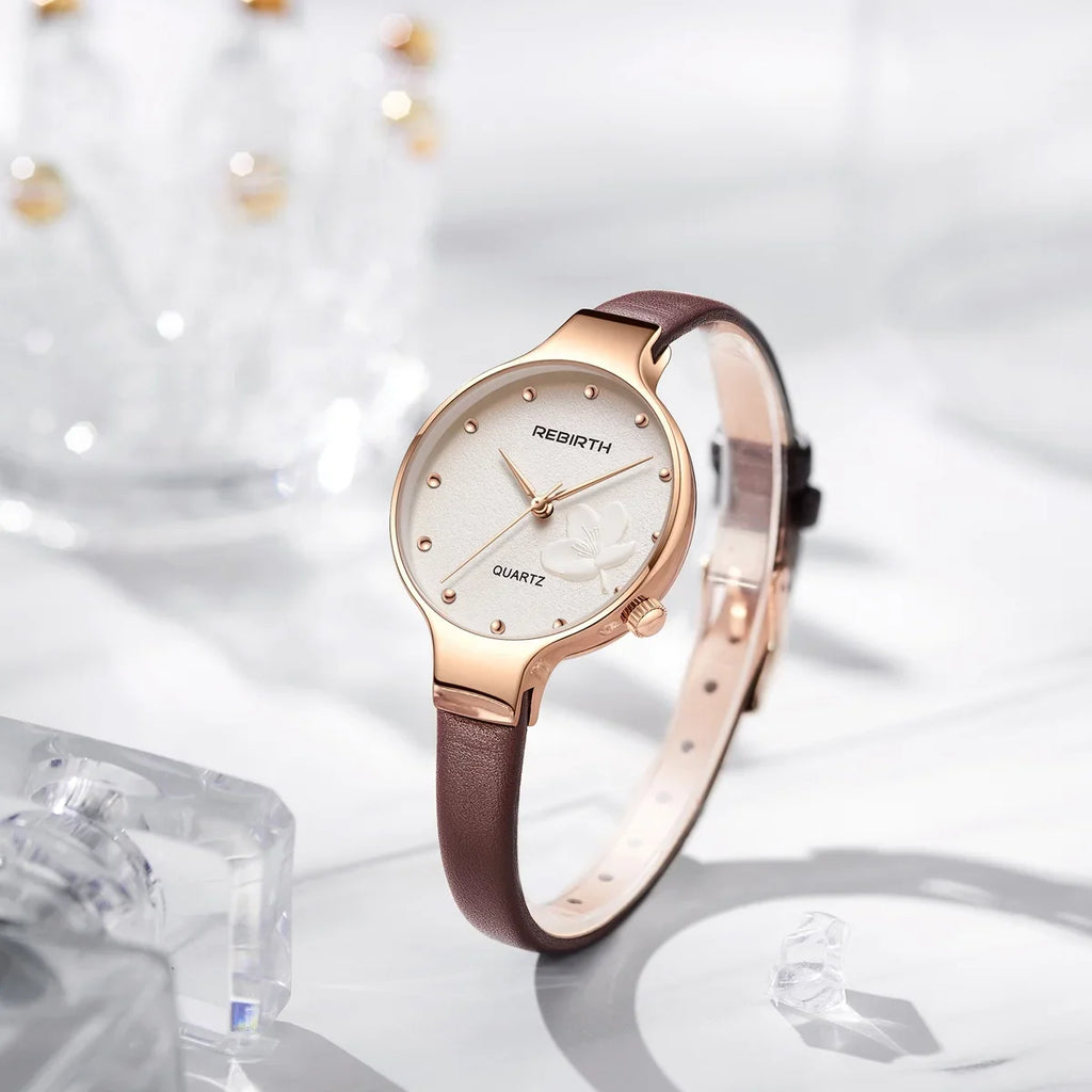REBIRTH Retro Floral Quartz Watch – Leather Strap, Elegant