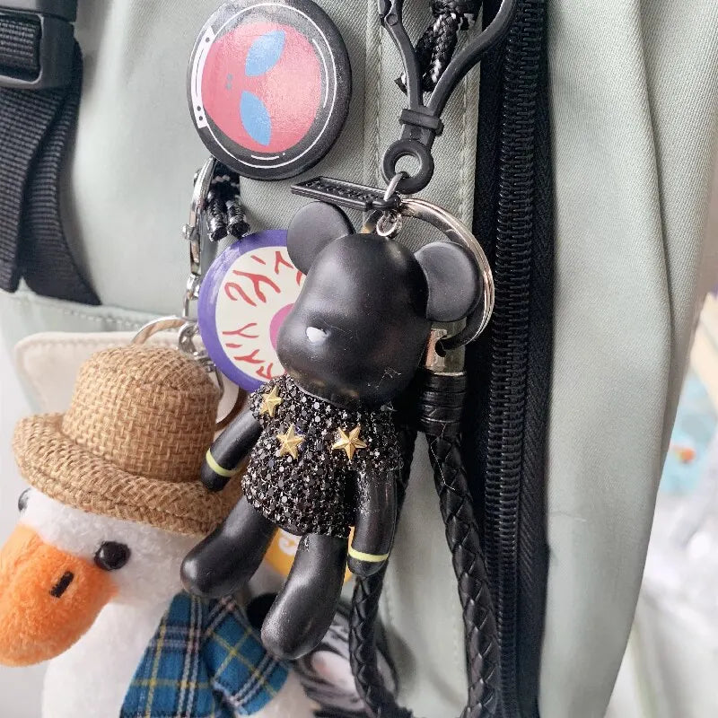Silver-Plated Diamond Bear Keychain – Unisex Black Bag Charm