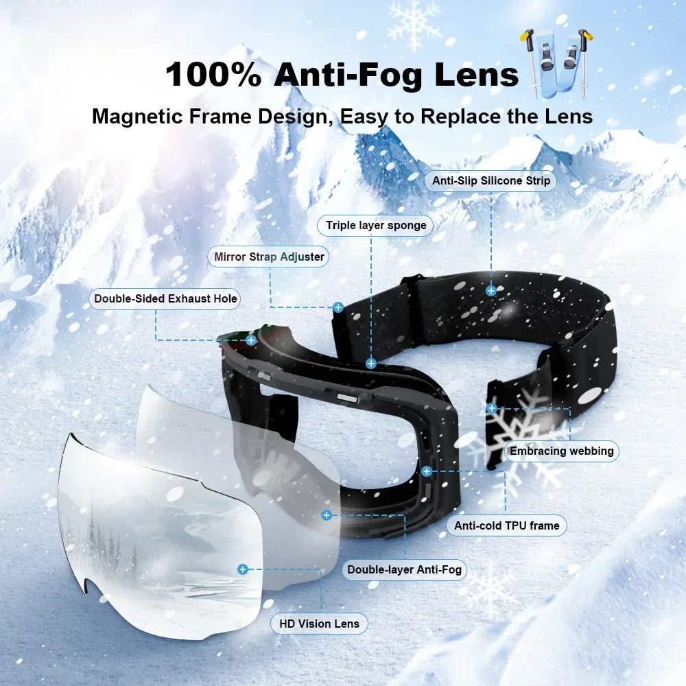X-TIGER Magnetic Ski Goggles Anti-Fog Double Layer UV400