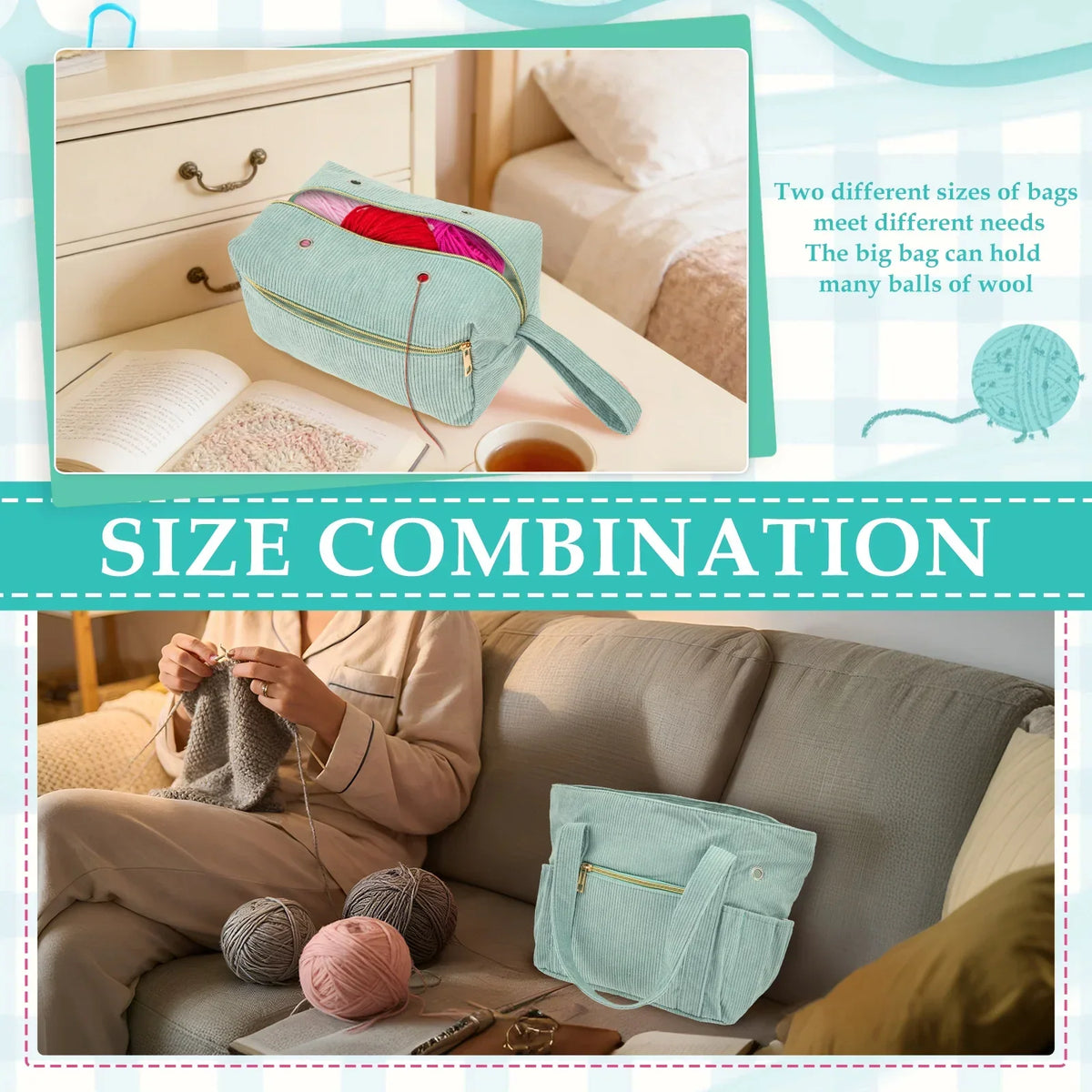 Corduroy Crochet Bag Set – Large Yarn Tote with Needle Holder