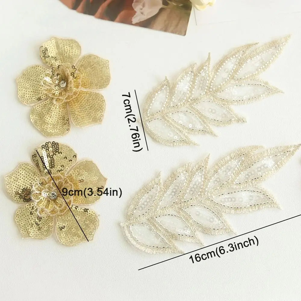 3D Sequin Beaded Lace Patches – Bridal Flower & Leaves Design