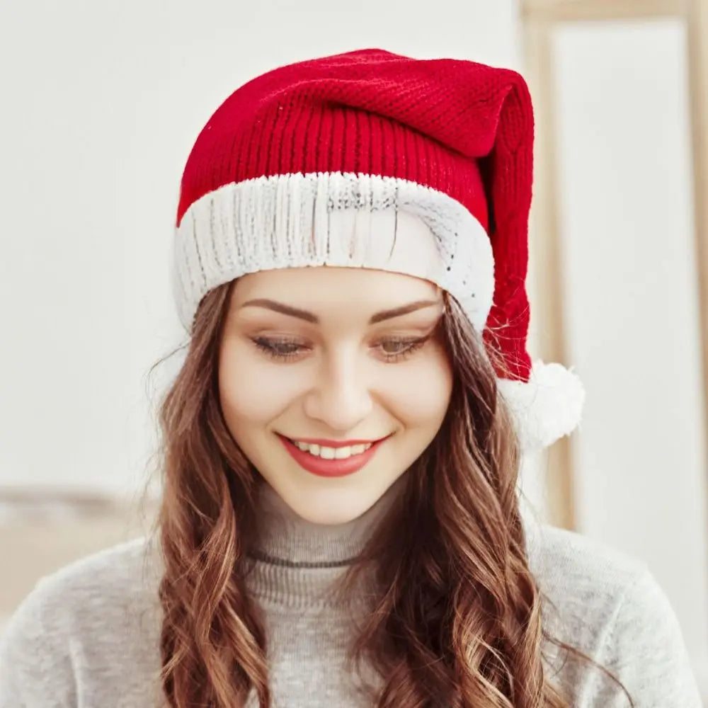 Red Knit Christmas Santa Hat – Windproof Winter Hat Kids & Adult