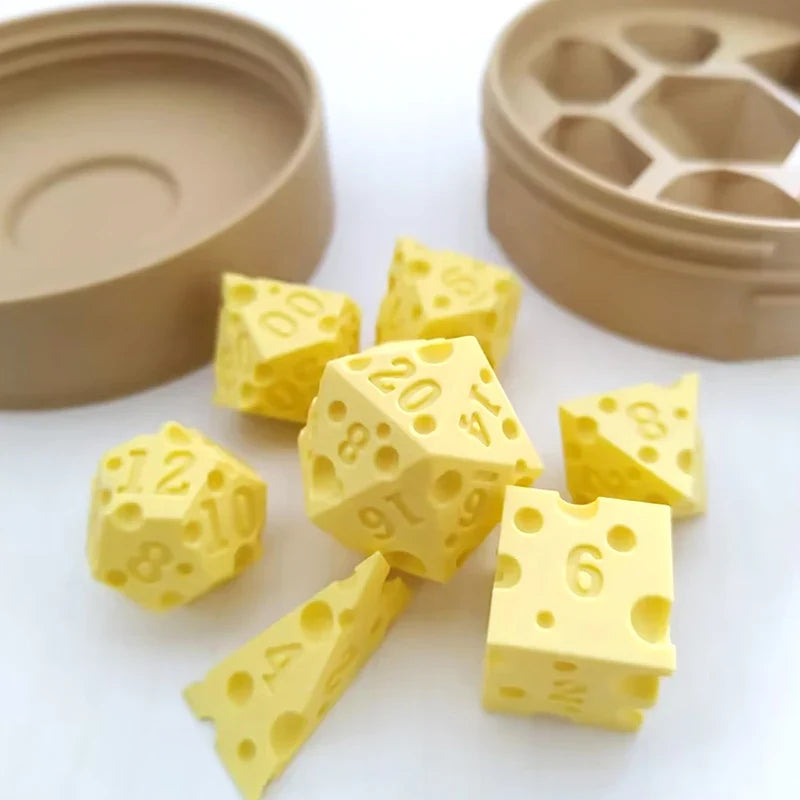 Cheese Dice Holder Box & 7-Piece D4–D20 Polyhedral Dice Set