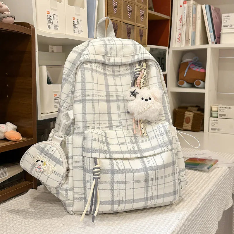 Korean Plaid Backpack – Large Capacity Student Campus Bag