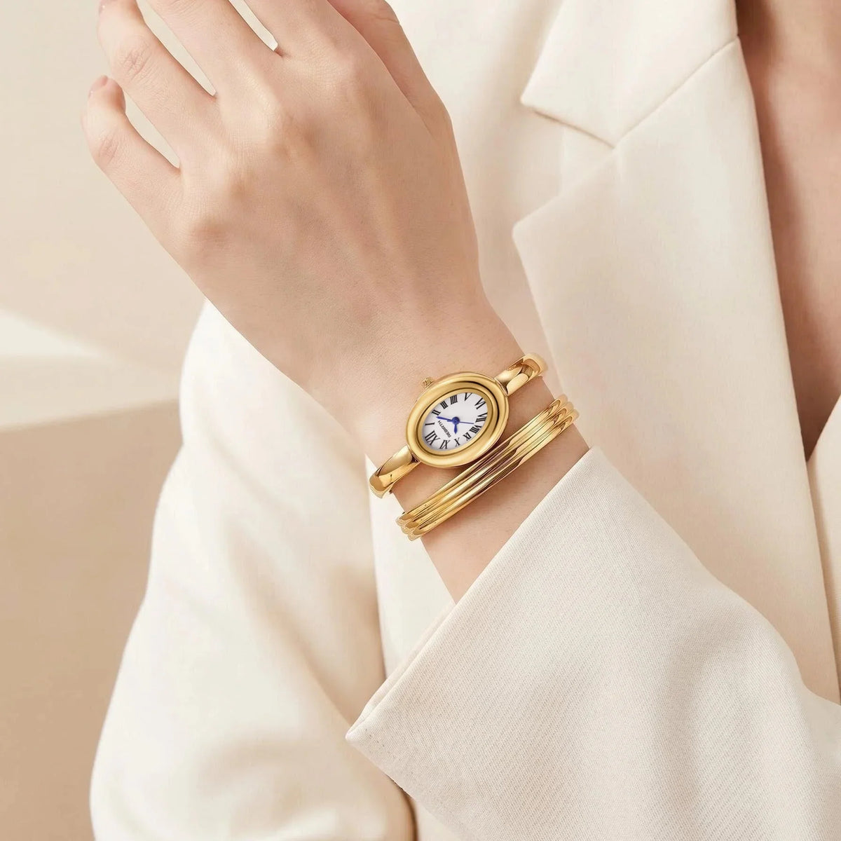Women's Gold Watch & Bracelet Set – Quartz Roman Numeral
