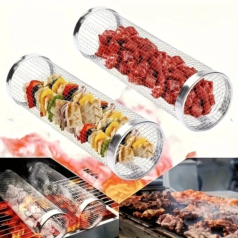 2pc Stainless Steel Rolling Grill Basket Set | BBQ Cylinder Mesh