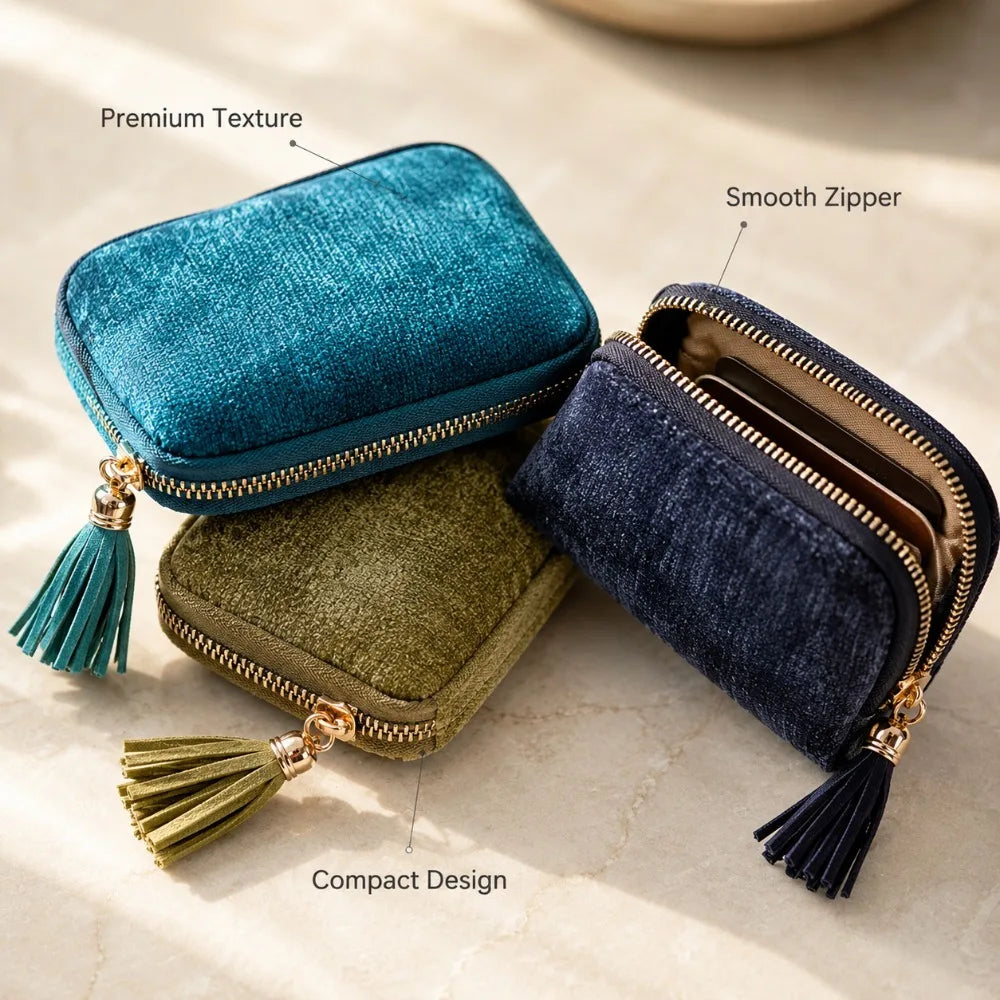 Travel Jewelry Organizer Pouch | Zipper Bag with Tassel & Velvet Lining