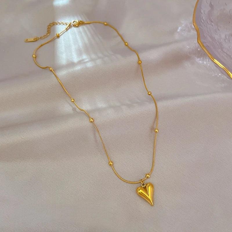 Beaded Heart Gold Clavicle Chain Necklace for Women