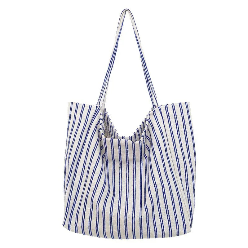 Korean Striped Canvas Tote Bag – Large Capacity Shoulder Bag