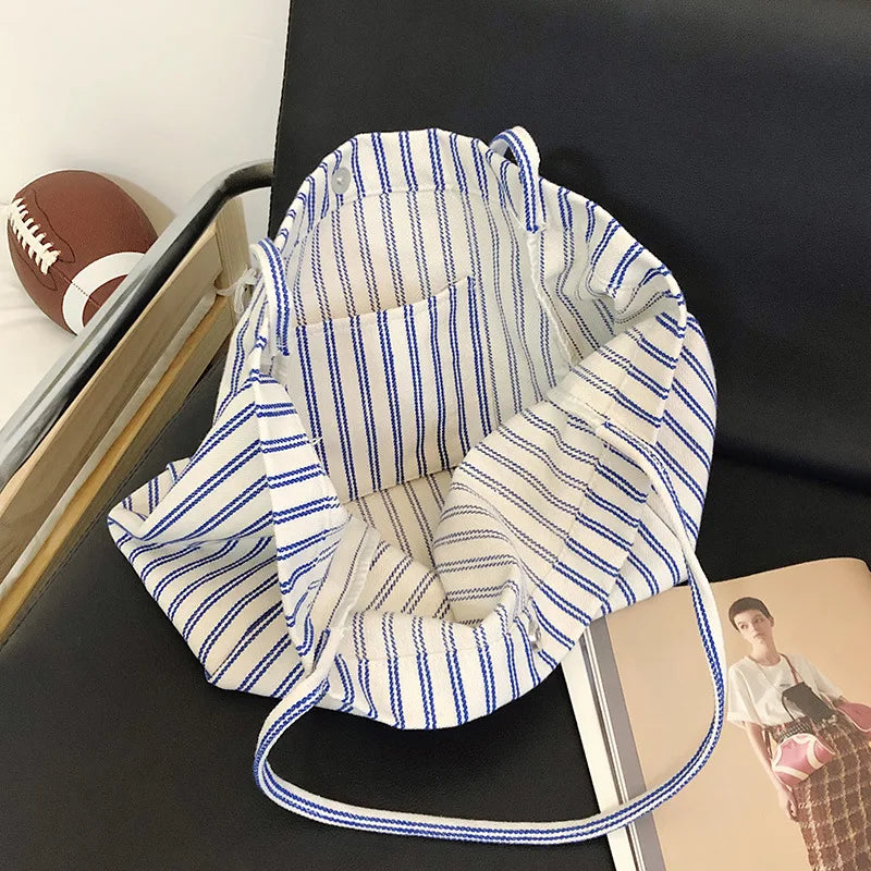 Korean Striped Canvas Tote Bag – Large Capacity Shoulder Bag