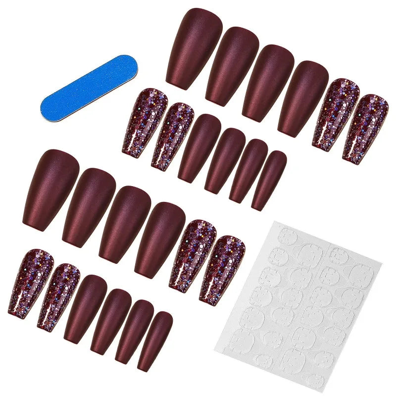 Wine Red Glitter Press-On Nails Crystal Finish L Size – 24 Pcs