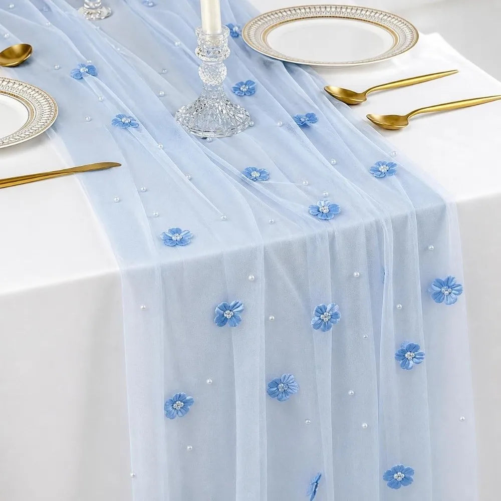 Tulle Table Runner 75x300cm Sheer Floral Embroidered Décor
