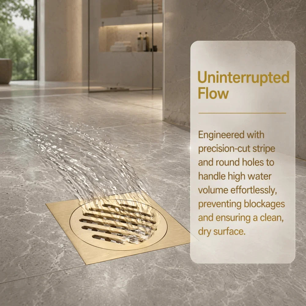 Brass Square Shower Floor Drain Removable Strainer – Gold Finish