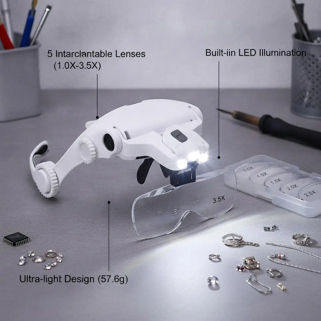 STONEGO LED Head Magnifier – 5 Lenses Hands-Free Loupe