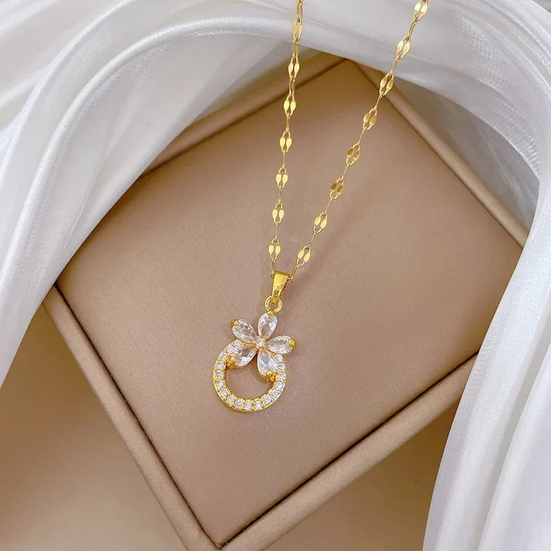 Flower Hoop Pendant Necklace Gold Stainless Steel – Nixie